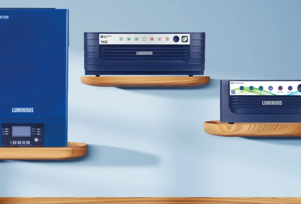 Image of a Luminous inverter installed in an office setup with a graphical display showing performance metrics.