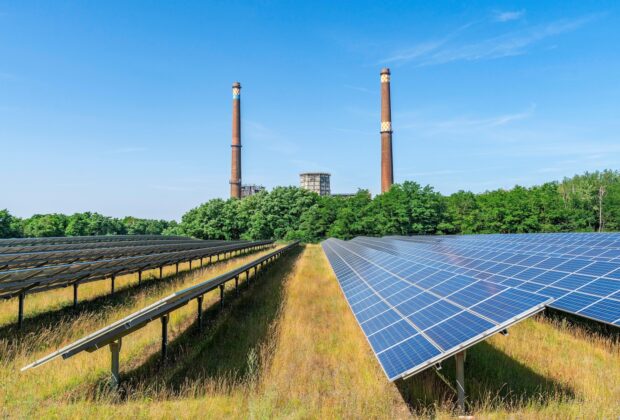 Solar panels providing electricity to a rural community.