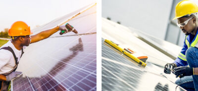 Workers in safety gear install and maintain solar panels