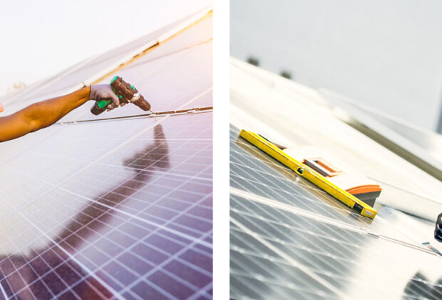 Workers in safety gear install and maintain solar panels