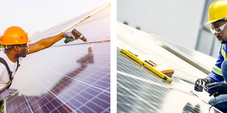 Workers in safety gear install and maintain solar panels